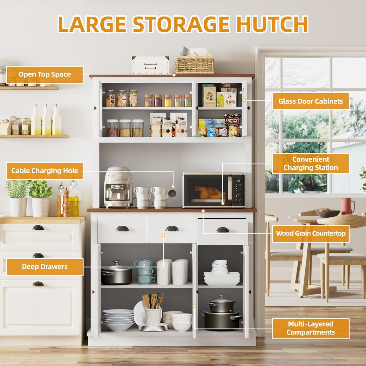 71" Kitchen Hutch with Charging Station, Tall Pantry Storage Cabinet with Microwave Stand, Adjustable Shelves, Slide Drawers, Large Buffet Pantry Cabinet for Kitchen, Dining Room, White