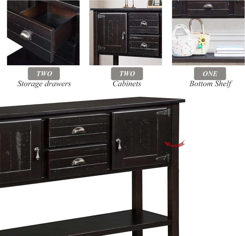 Knocbel Vintage Console Table with 2 Drawers, 2 Storage Cabinets and Bottom Open Shelf, Entryway Hallway Sofa Table Dining Room Buffet Sideboard, 48" W x 14" D x 34" H (Espresso)