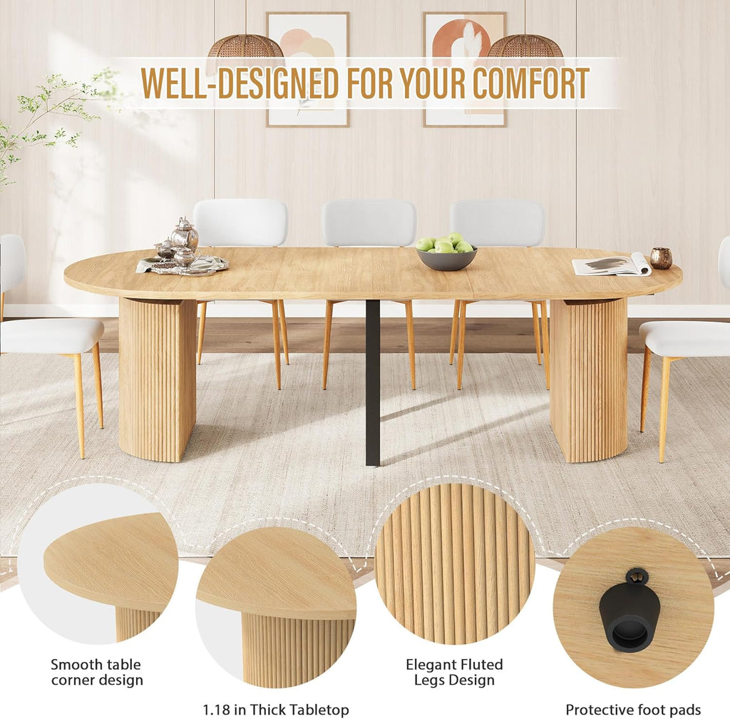 weselon 42"-105" Extendable Dining Table for 4-12, Expandable Oval Dining Room Table with Fluted Pedestal Base & Reinforced Metal Support Leg, Large Modern Kitchen Table for Dining Room (Natural)