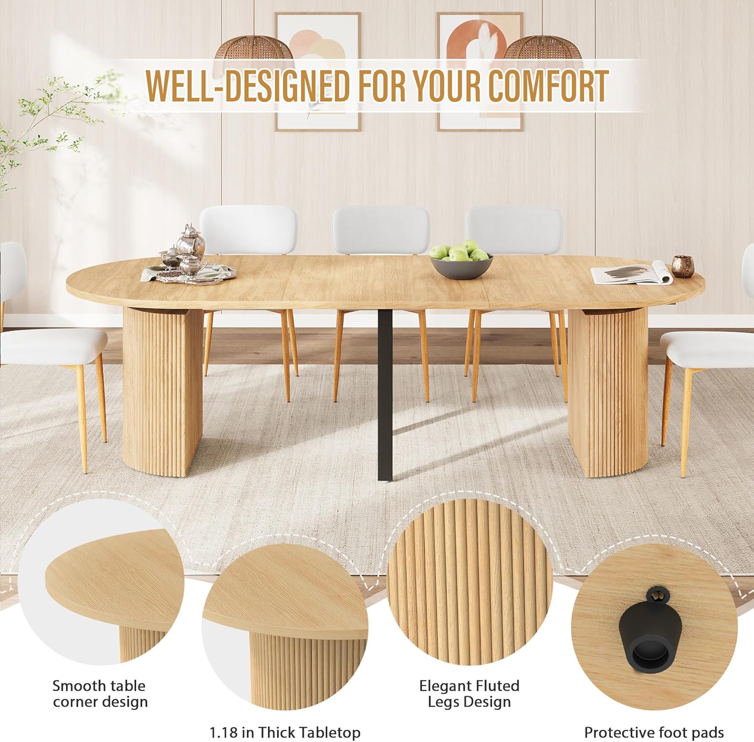 weselon 42"-105" Extendable Dining Table for 4-12, Expandable Oval Dining Room Table with Fluted Pedestal Base & Reinforced Metal Support Leg, Large Modern Kitchen Table for Dining Room (Natural)