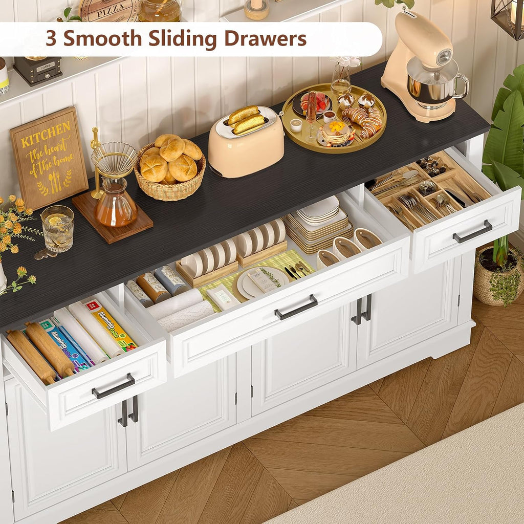 usikey 59” Large Buffet Cabinet with 4 Doors and 3 Drawers, Buffet Sideboard Cabinet with Storage and 2 Adjustable Shelves, Coffee Bar, Wine Bar for Living Room, White