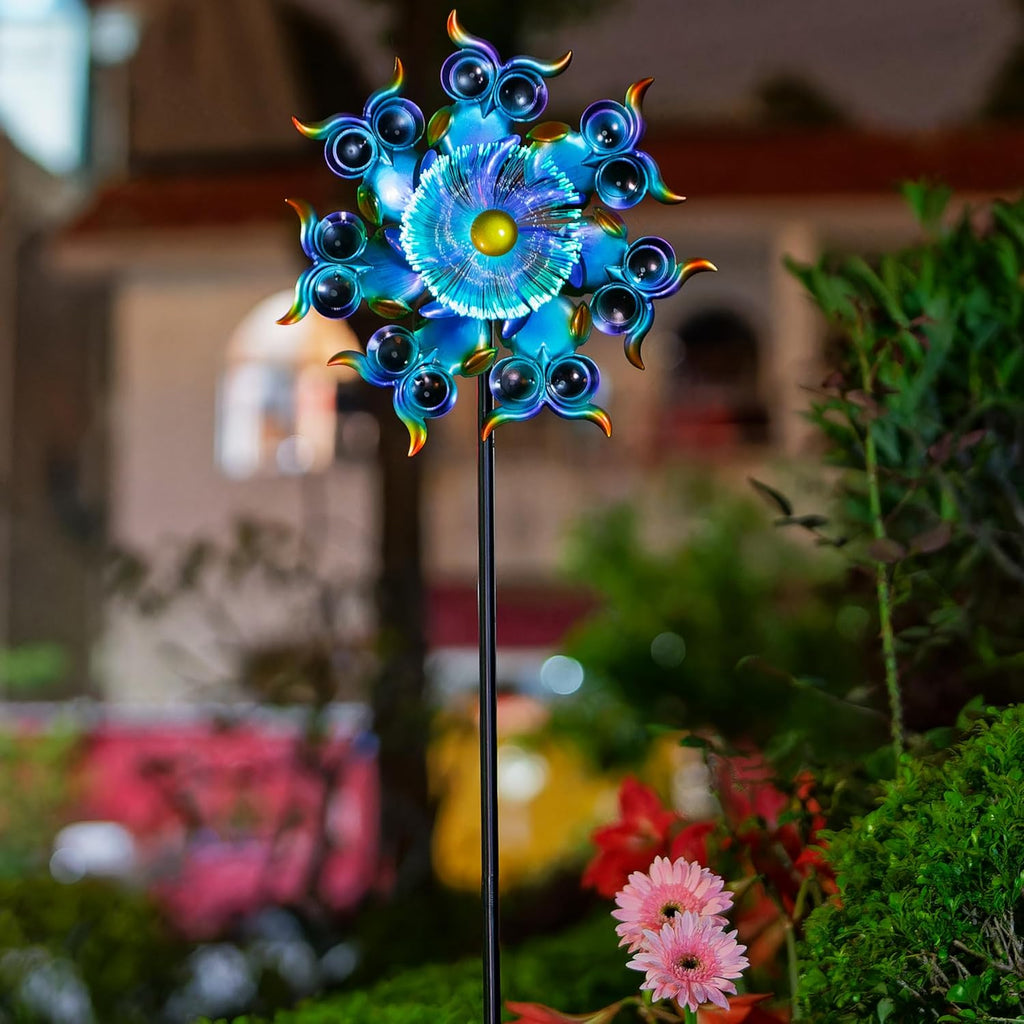 Solar Owls Wind Spinners for Yard and Garden,51 Inch Solar Windmill Seven Color LED Light Whirligig Kinetic Spinner to Scare Birds Decor for Lawn, Patio,Owl Gift Metal Wind Outdoor Sculpture