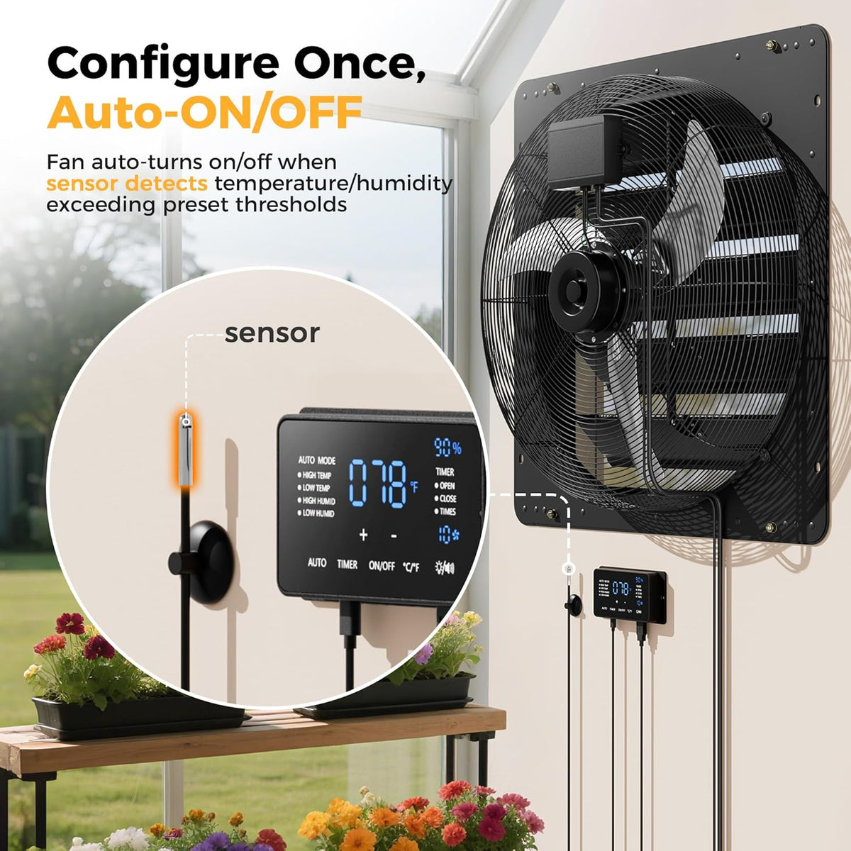 24 Inch EC Motor Shutter Exhaust Fan, 6 Inch Large Touchscreen Controller for Temp Humidity and Speed Control, 10-Speed Wall Mount Fan for Attic, Greenhouse, Garage, Chicken Coop Ventilation