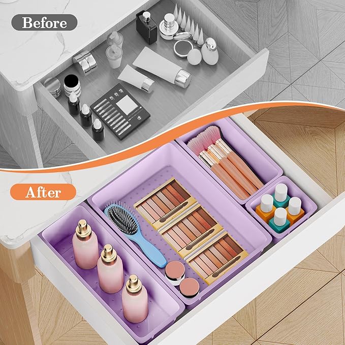 25 PCS Plastic Drawer Organizer Set, 4-Size Versatile Organizer Trays & storage Bins for Makeup, Jewelry, and Gadgets in Bathroom, Bedroom and Office, Purple