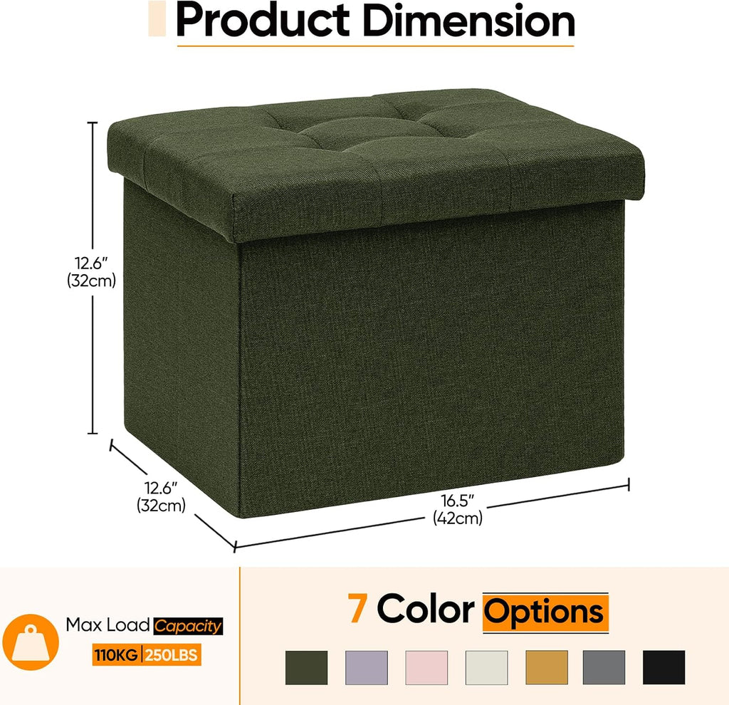 Folding Storage Ottoman, 16.5" Rectangular Footstool with Padded Tufted Lid, Collapsible Storage Footrest for Small Space, Living Room, Bedroom, Dorm, Olive Green