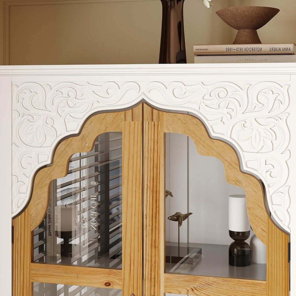 70.9" H Tall Kitchen Pantry with Glass Doors, Shelves & Drawer, Curio Display Storage Cabinet with Carved Patterns, Farmhouse Cupboard China Cabinet for Living Dining Room, White & Brown