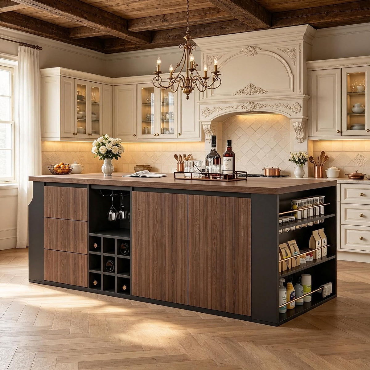 71" Kitchen Island with 3 Drawers, Wine Rack & Side Storage,Walnut | Dual-door cabinet, adjustable shelves. Glass holders & side rack for storage. Durable, wear-resistant top. Fits dining & prep