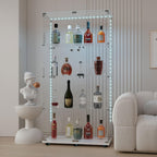 Glass Display Cabinet with LED Light Strip, 4 Shelves with 2 Doors, Glass Top Curio Storage Cabinets with Lock & Caster for Living Room,Floor Standing Bookshelf, Quick Installation - White