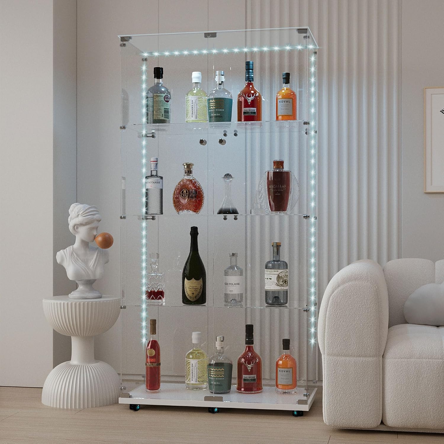 Glass Display Cabinet with LED Light Strip, 4 Shelves with 2 Doors, Glass Top Curio Storage Cabinets with Lock & Caster for Living Room,Floor Standing Bookshelf, Quick Installation - White