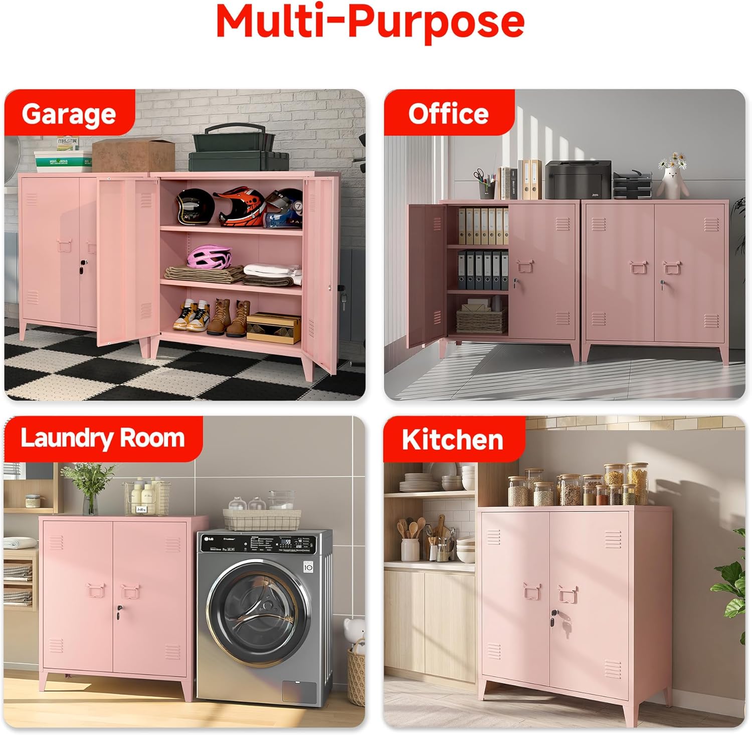 Locking Storage Cabinet Garage Metal Storage Cabinet with 2 Adjustable Shelves and Doors, Storage Cabinet with Lock & Keys for Home School Office (Pink)
