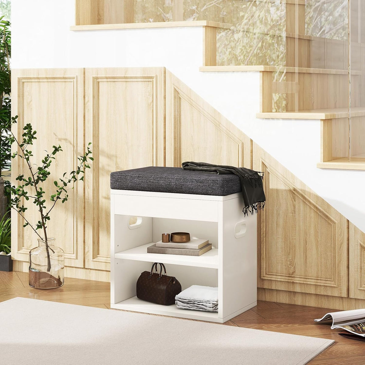 YMYNY Small Shoe Storage Bench with Cushion and Drawer, 2 Tier Adjustable Entryway Bench with Storage, Wooden Shoe Rack Bench for Entryway, Living Room, Hallway, Closet, Bedroom, White, HSC002W
