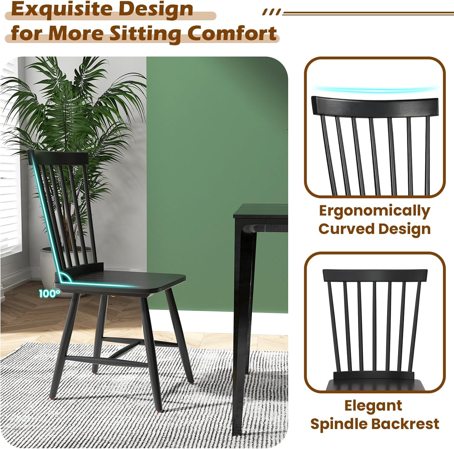 KOTEK Windsor Dining Chairs Set of 4, Wooden Kitchen Chairs with Spindle Back & Wide Seat, 400 LBS Weight Capacity, Armless Side Chairs for Dining Room, Living Room