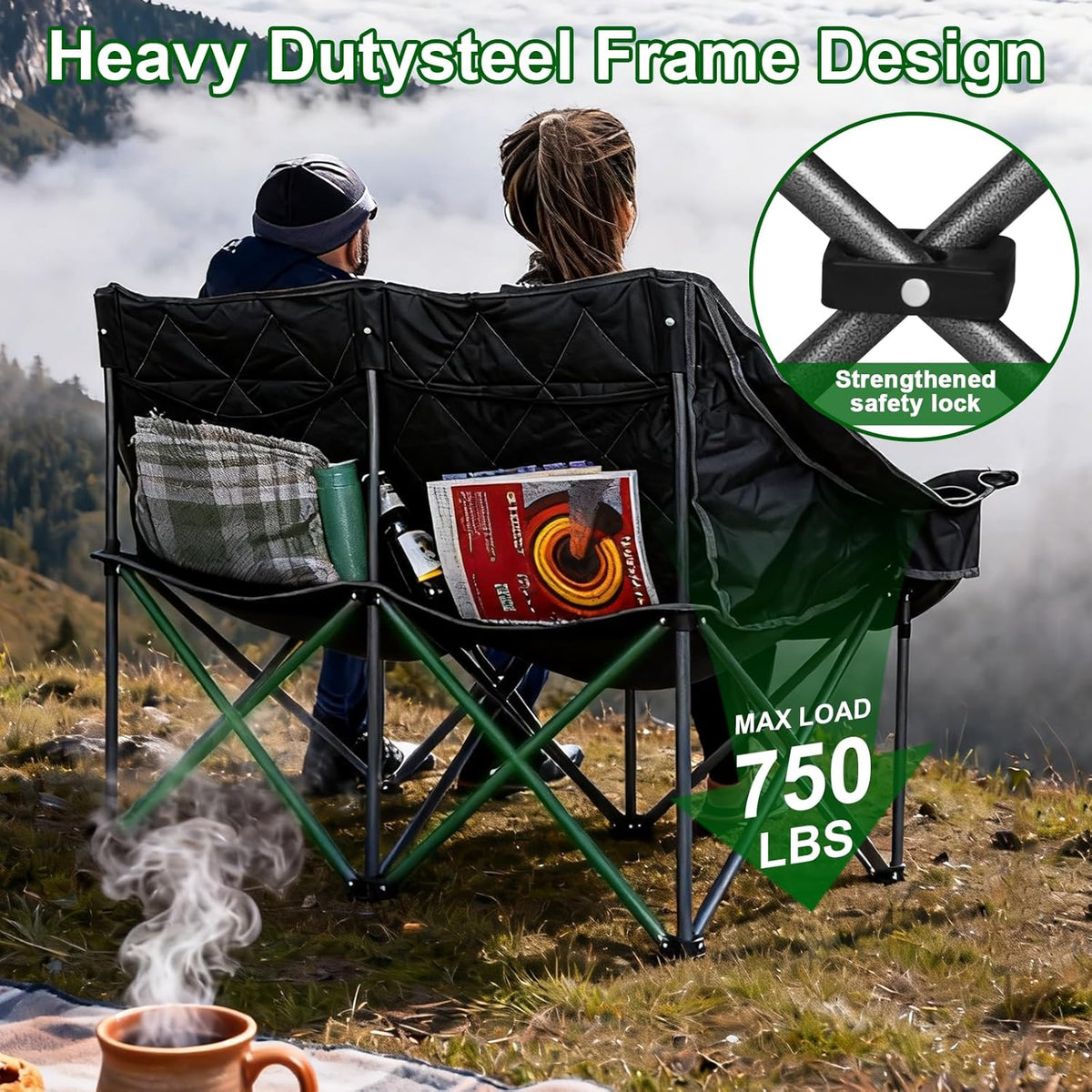 Double Camping Chair for 2 Persons, Oversized Folding Loveseat Camping Chair with Cup & Wine Holders, Heavy Duty 750LBS Support, Portable Camping Couch for Outdoor, Lawn, Beach, Black+Grey
