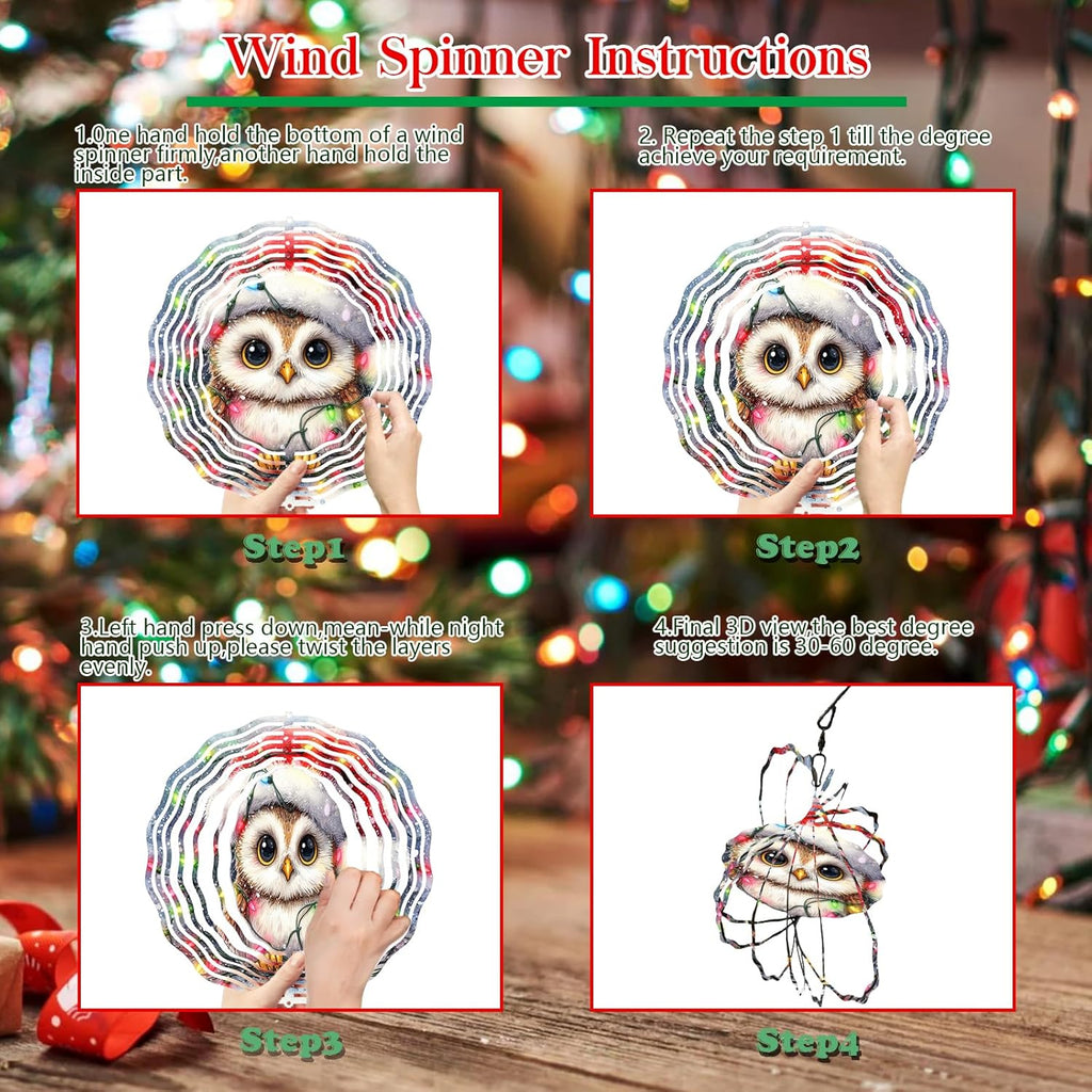Christmas Owl Wind Spinner,3D Owl Spinner for Yard and Garden 3D Steel Wind Spinner Outdoor Hanging Wind Spinner 10 inch 3D Xmas Cute Owl Swirl
