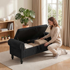 55" Storage Ottoman Bench, Corduroy End of Bed Bench for Bedroom, Black | Upholstered Entryway Bench with Seating, Solid Wood Legs, Rolled Arm, for Bedroom Living Room Window Hallway, up to 285 lbs