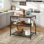Giantex Kitchen Baker Rack with 3 Tier Storage Shelves, 10 Hooks, Glass Holder, 40" Stationary Island with Spacious Worktop, Industrial Kitchen Shelf, Metal Frame, Easy Assembly (Rustic Brown & Black)