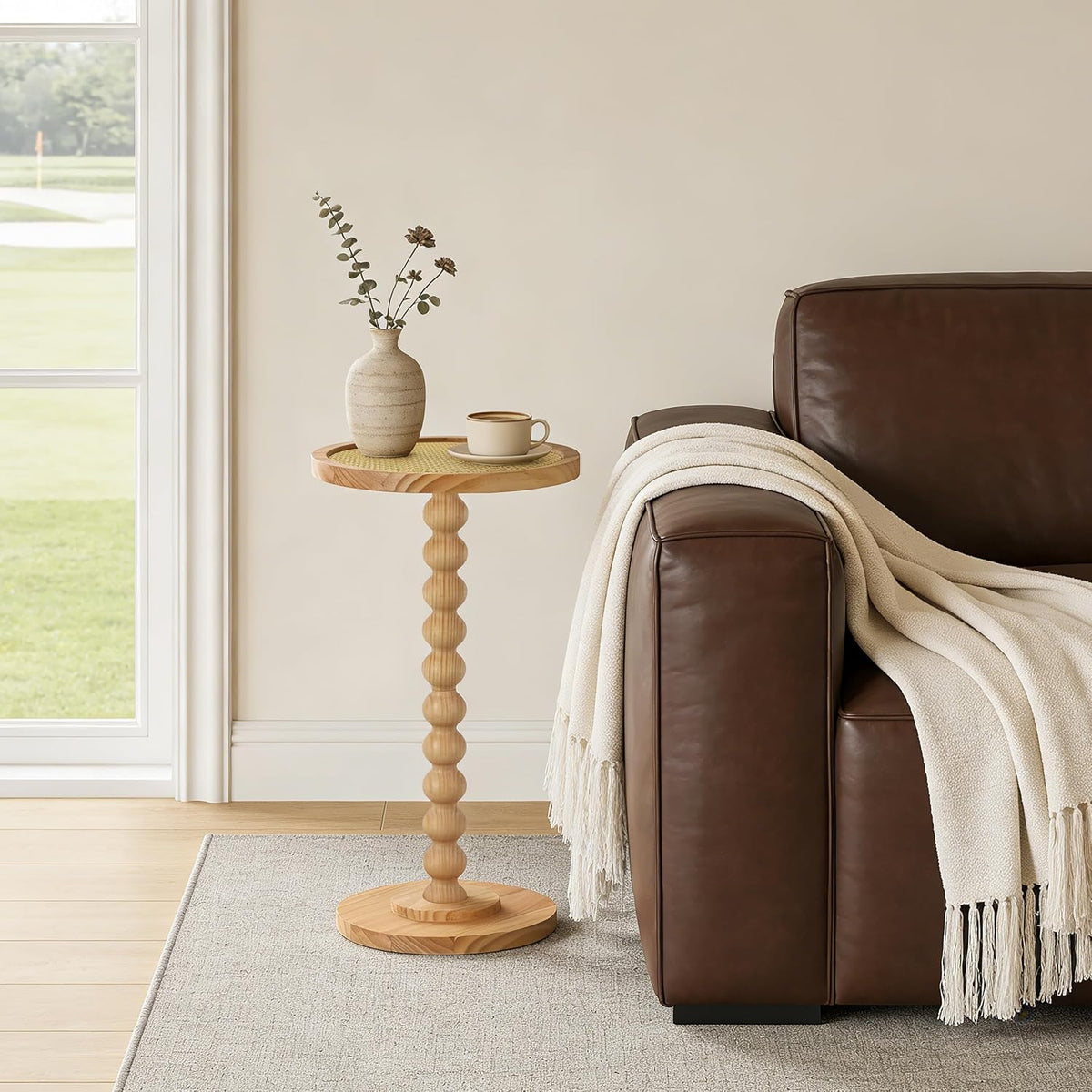 COVLON Solid Wood Drink Table, Small Pedestal Side Table for Small Spaces, Round Rattan Accent End Table Nightstand with Decorative Ball Legs for Living Room, Bedroom, Office, Corners