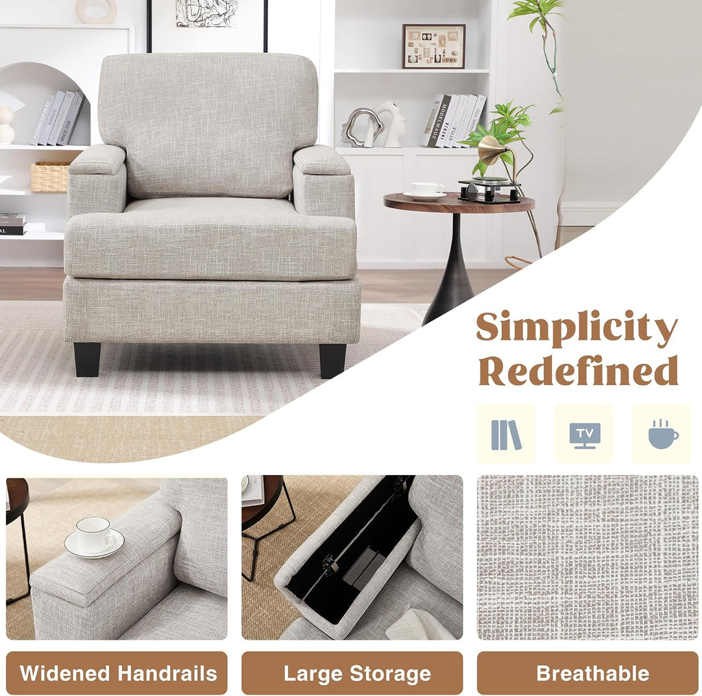 Accent Chairs Set of 2 with Armrest Storage, Modern Reading Living Room Chair, Upholstered Comfy Large Armchairs, Fabric Single Sofa Chair for Bedroom (Beige)