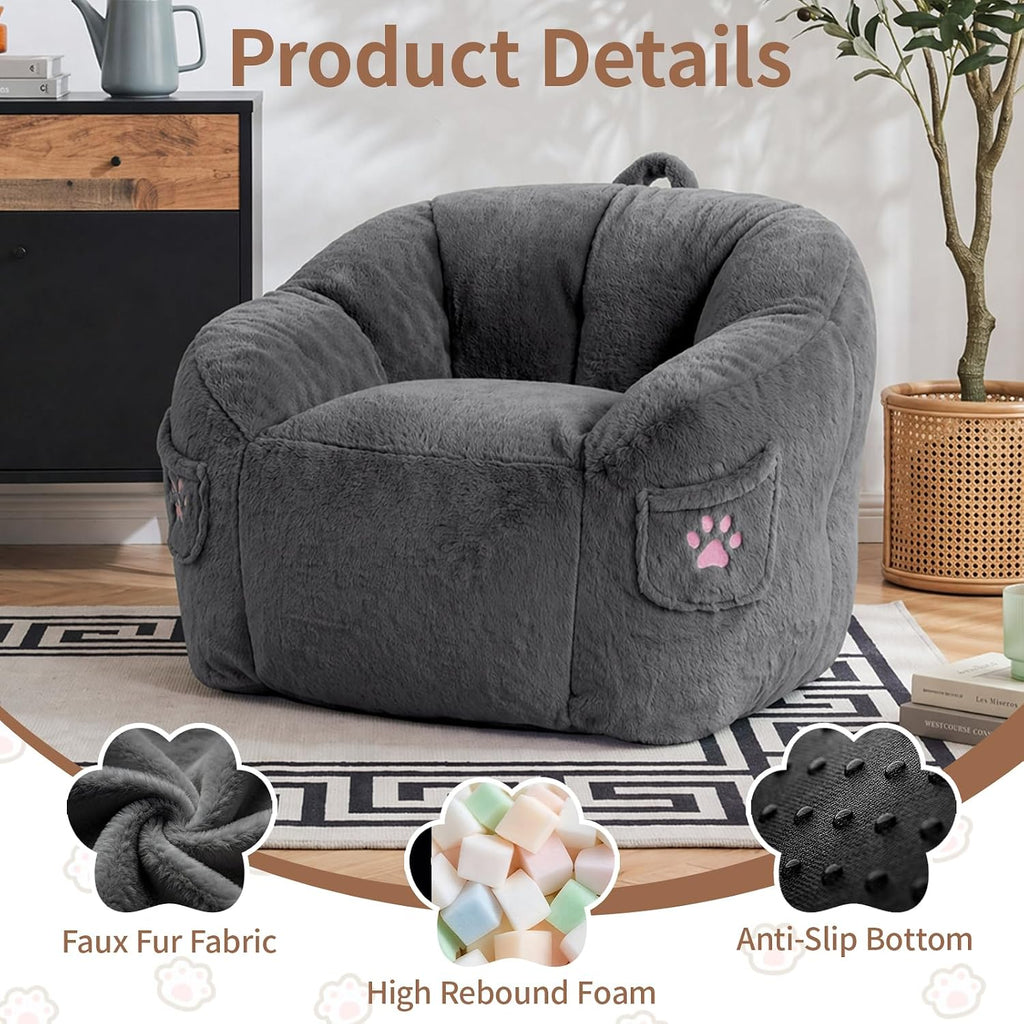 Vipbear Cat Paw Bean Bag Chair, Oversized Air-Cushion Sofa Chair Dark Gray | 39", air-cushion filling, cat paw Pocket, carry handle, oversized firm support, ergonomic, plush faux fur, gaming, reading