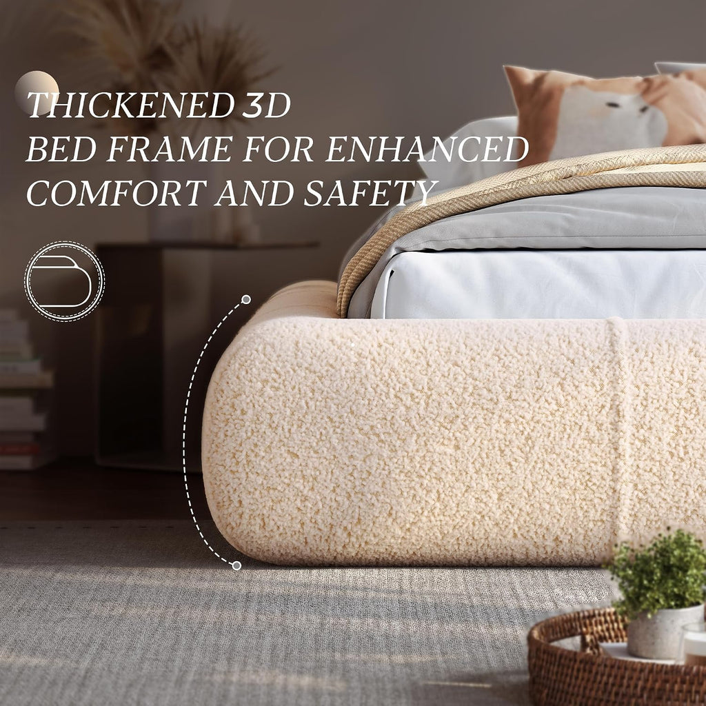 Homkdom Queen Boucle Platform Bed Frame with Anti-Collision Corners, Beige