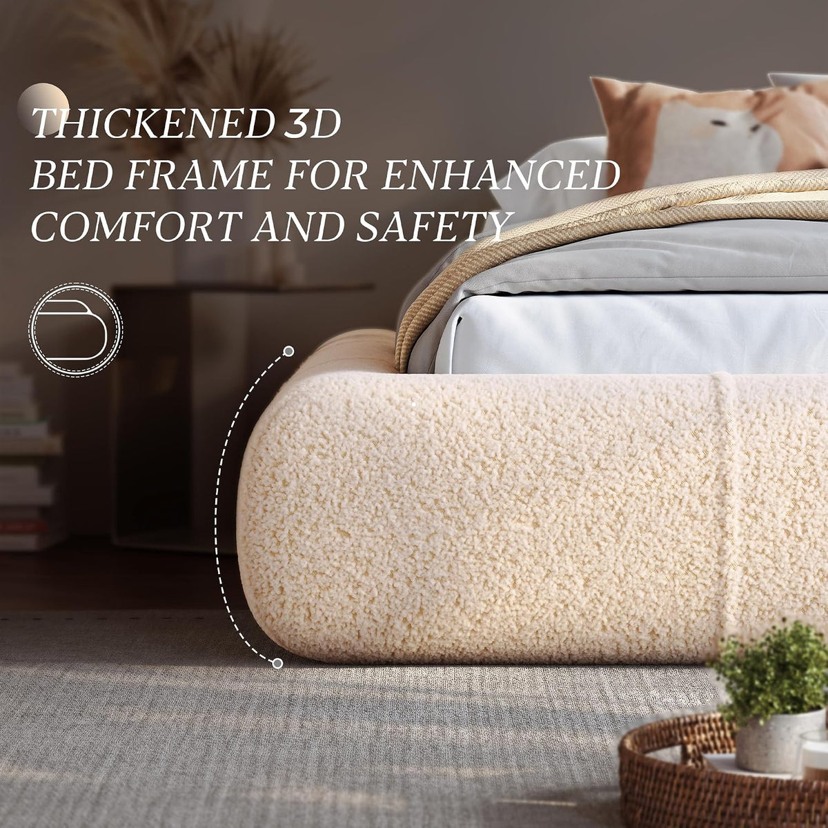 Homkdom Queen Boucle Platform Bed Frame with Anti-Collision Corners, Beige