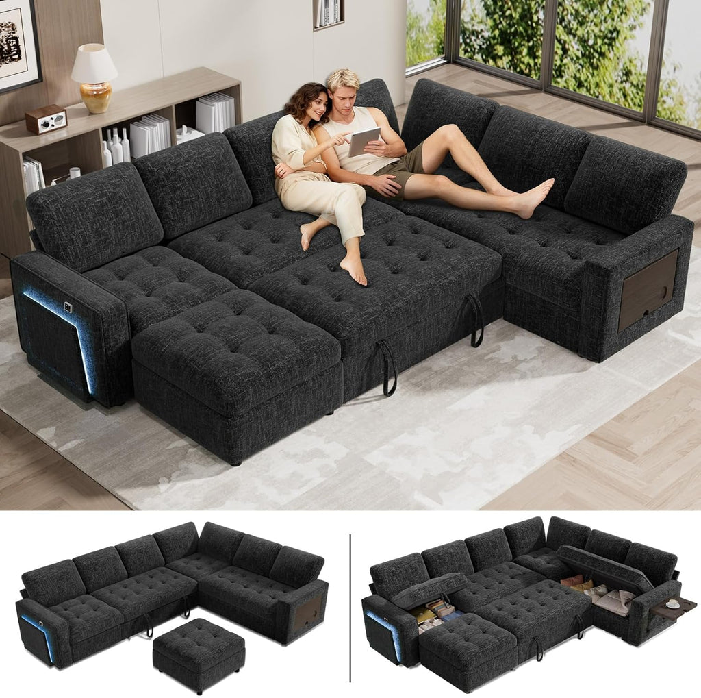 WEUP 7 Seat L Shaped Sectional Sleeper Sofa Bed with Pull Out Bed, Chenille Sectional Sleeper Couch with Ottoman, Adjustable Backrest, USB Ports, LED, Side Table, Tool-Free Assembly, Chenille Black