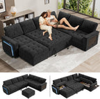 WEUP 7 Seat L Shaped Sectional Sleeper Sofa Bed with Pull Out Bed, Chenille Sectional Sleeper Couch with Ottoman, Adjustable Backrest, USB Ports, LED, Side Table, Tool-Free Assembly, Chenille Black