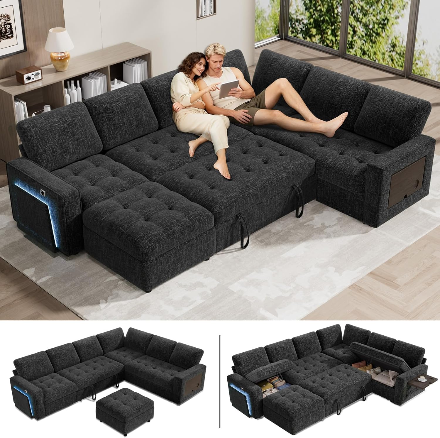 WEUP 7 Seat L Shaped Sectional Sleeper Sofa Bed with Pull Out Bed, Chenille Sectional Sleeper Couch with Ottoman, Adjustable Backrest, USB Ports, LED, Side Table, Tool-Free Assembly, Chenille Black