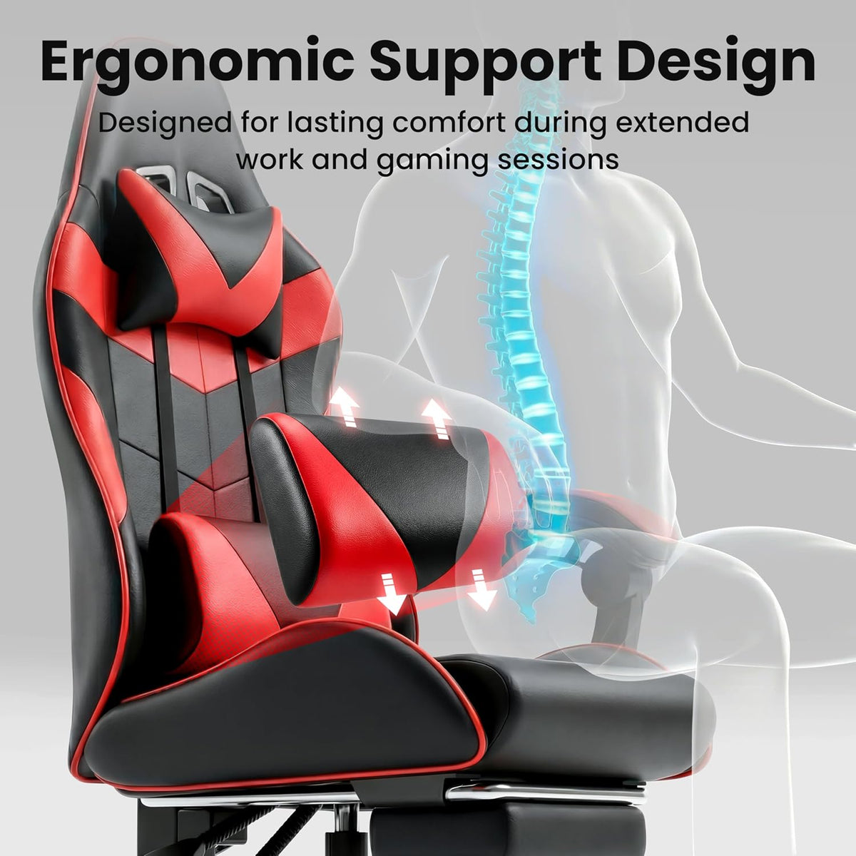 Gaming Chair, Ergonomic Footrest, Lumbar & Headrest(Red Black) | Steel frame, PVC leather & memory foam; 330 lb; 21" seat; 360° swivel, 90–155° recline; easy assembly; gaming & work