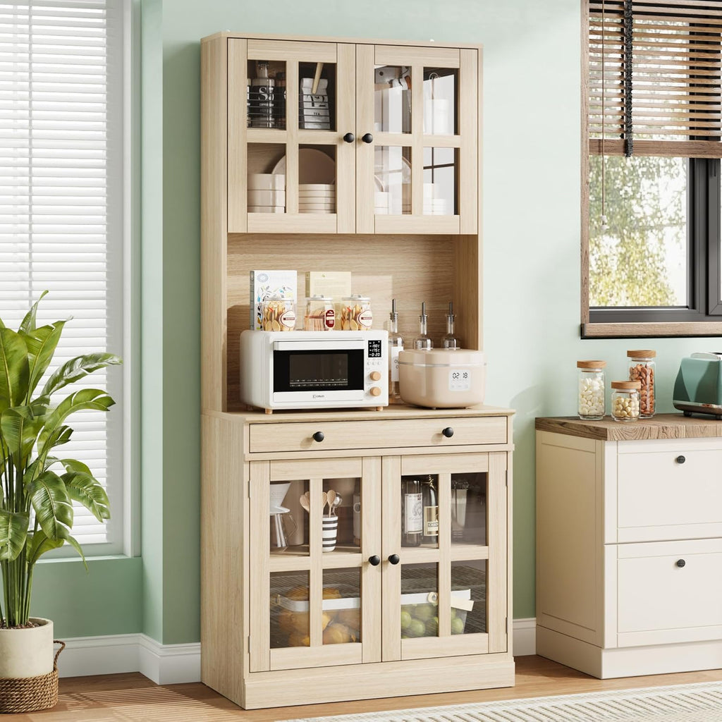 IDEAHOUSE 72 Inch Kitchen Pantry Cabinet with Glass Doors, Drawer and Adjustable Shelves, Farmhouse Tall Storage Cabinet with Open Countertop, Wood