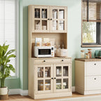 IDEAHOUSE 72 Inch Kitchen Pantry Cabinet with Glass Doors, Drawer and Adjustable Shelves, Farmhouse Tall Storage Cabinet with Open Countertop, Wood