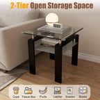 2-Tier End Table with Tempered Glass Top and MDF Frame, Modern Black Square Side Table with Storage Shelf for Living Room, Bedroom, Apartment, Easy to Assemble