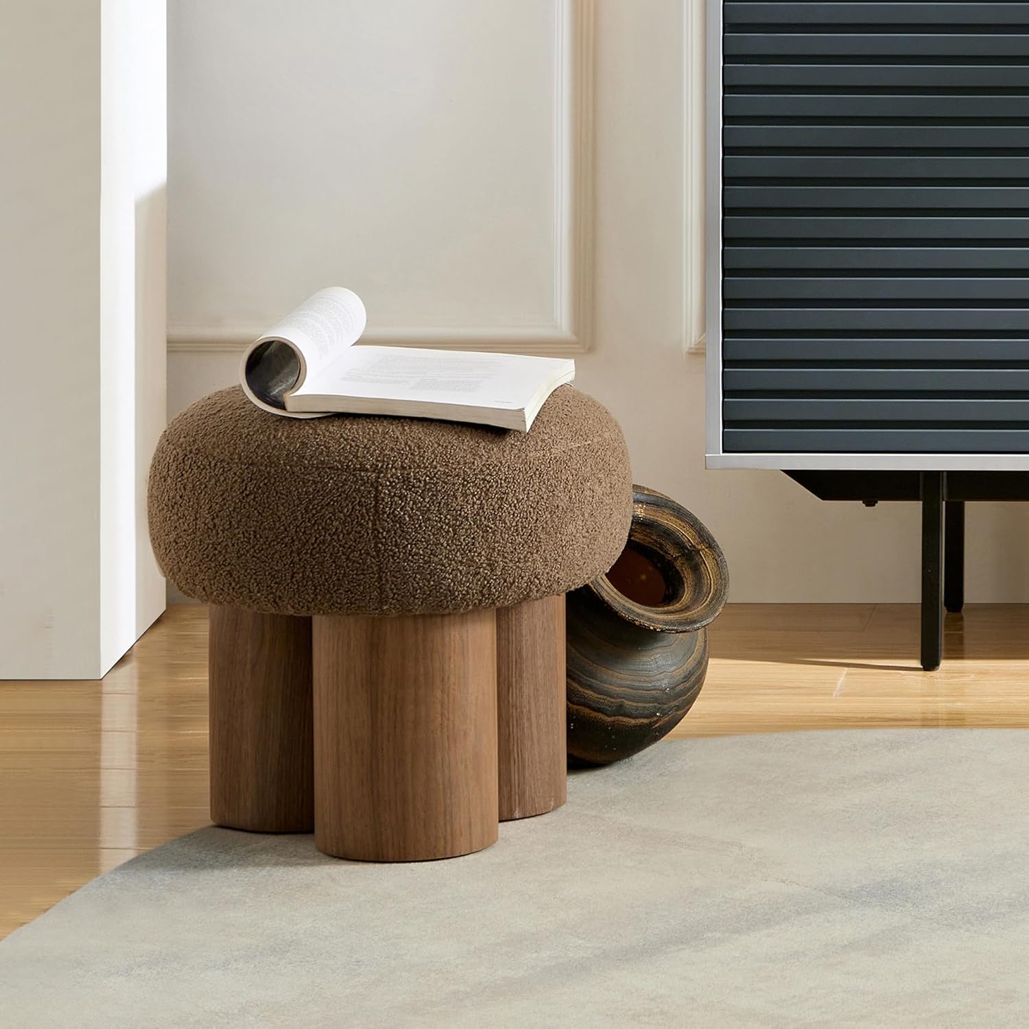 16.54''Mushroom Stool,Modern Fabric Ottoman Foot Rest,Teddy Round Foot Stool with Three Legs Under Desk,Small Stool for Living Room, Bedroom and Kitchen (Brown')