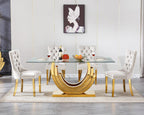 70 inch Tempered Glass Dining Table, Rectangular Glass Kitchen Table with Gold Stainless Steel C Shape Base, 4 to 6 Seater, Modern Dining Room Table for Daily Meals, Dinner Party, Family Gathering