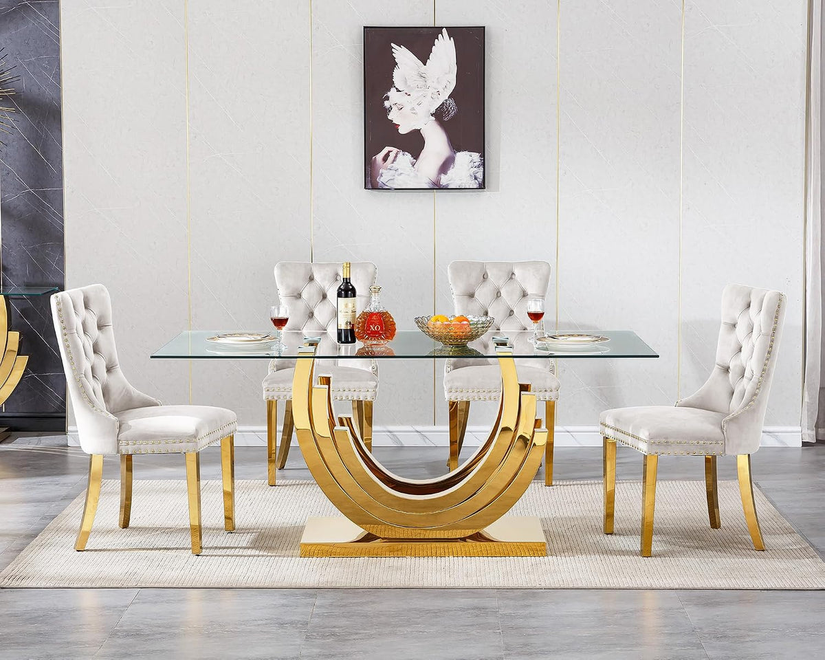 70 inch Tempered Glass Dining Table, Rectangular Glass Kitchen Table with Gold Stainless Steel C Shape Base, 4 to 6 Seater, Modern Dining Room Table for Daily Meals, Dinner Party, Family Gathering