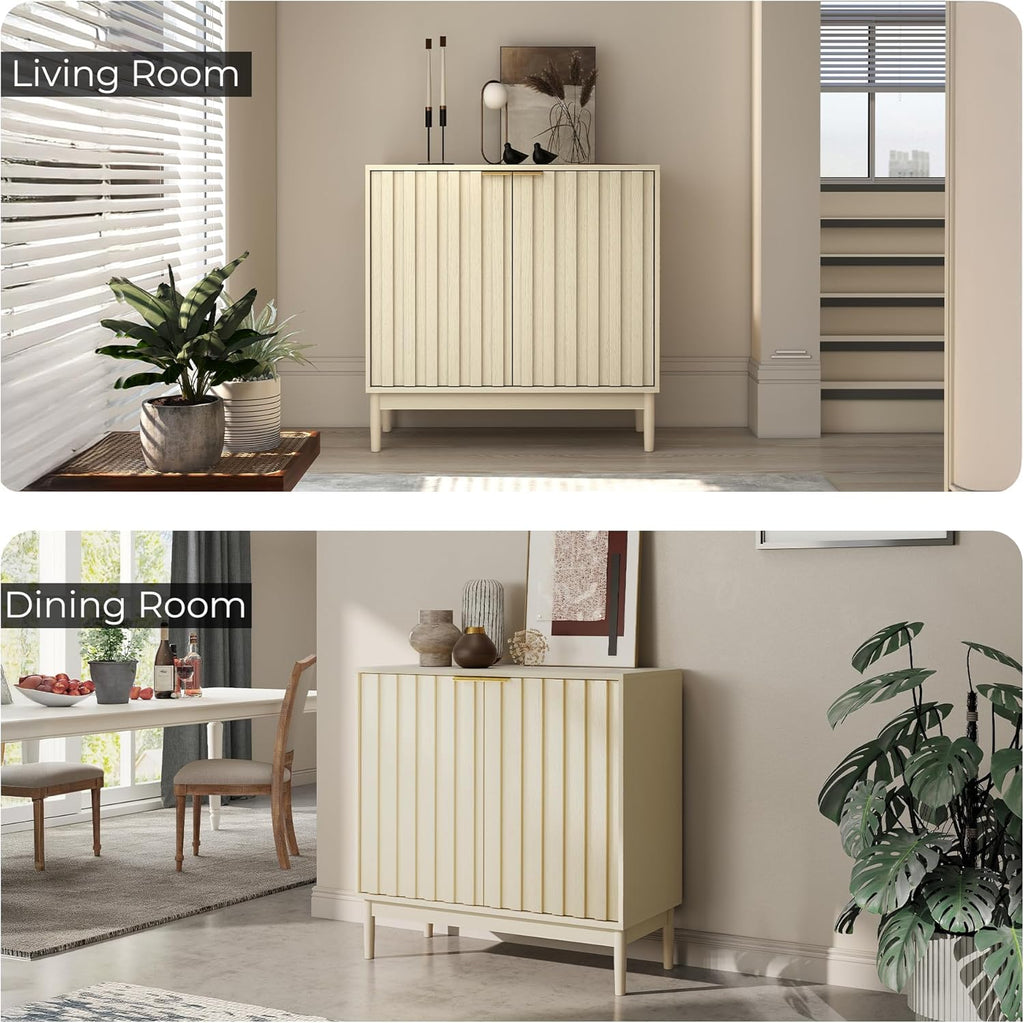 Fluted Cabinet with Storage, Buffet Cabinet Sideboard with 2 Doors, Beige Buffet Storage Accent Cabinets with Adjustable Shelves for Living Room, Entry, Hallway, Kitchen