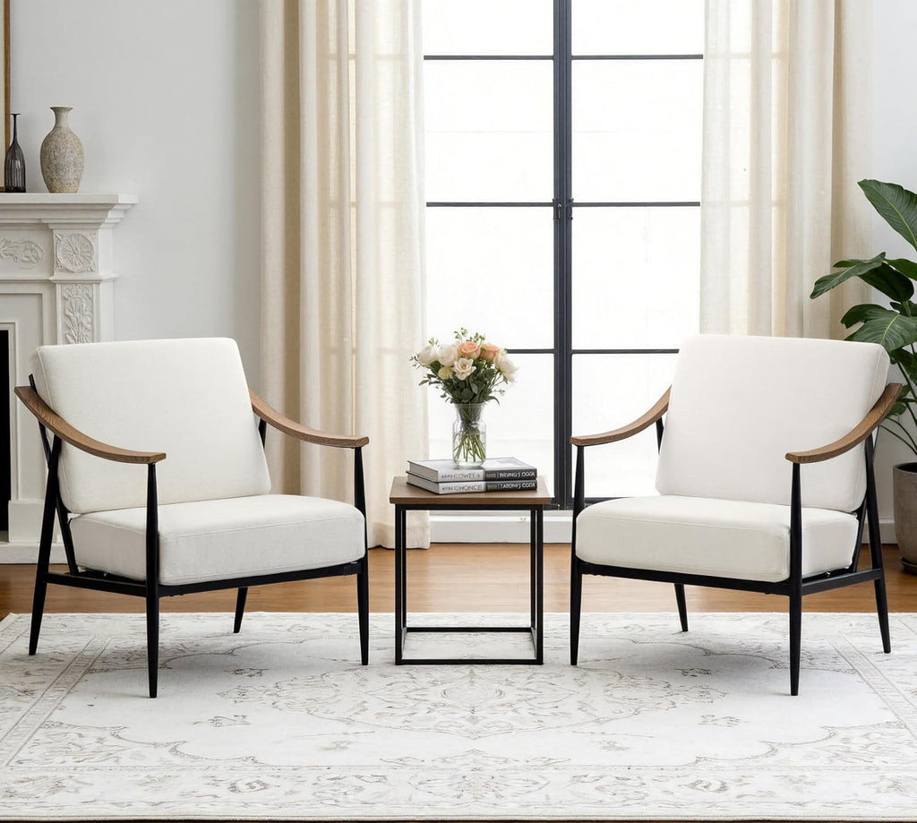 RNKSFX Modern Accent Chairs Set of 2 for Living Room Bedroom Mid Century Arm Chairs Upholstered Office Accent Chairs Comfy Waiting Room Chairs with Metal Frame, Cream White