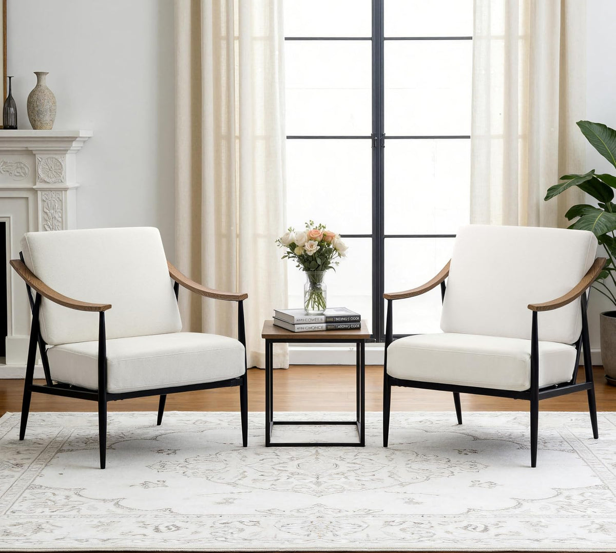 RNKSFX Modern Accent Chairs Set of 2 for Living Room Bedroom Mid Century Arm Chairs Upholstered Office Accent Chairs Comfy Waiting Room Chairs with Metal Frame, Cream White