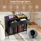 LOKO Large Record Player Stand with Charging Station, Vinyl Record Holder with Storage Compartments & 2 Drawers, Turntable Display Stand with Metal Legs for Living Room, Bedroom, Office (Black)