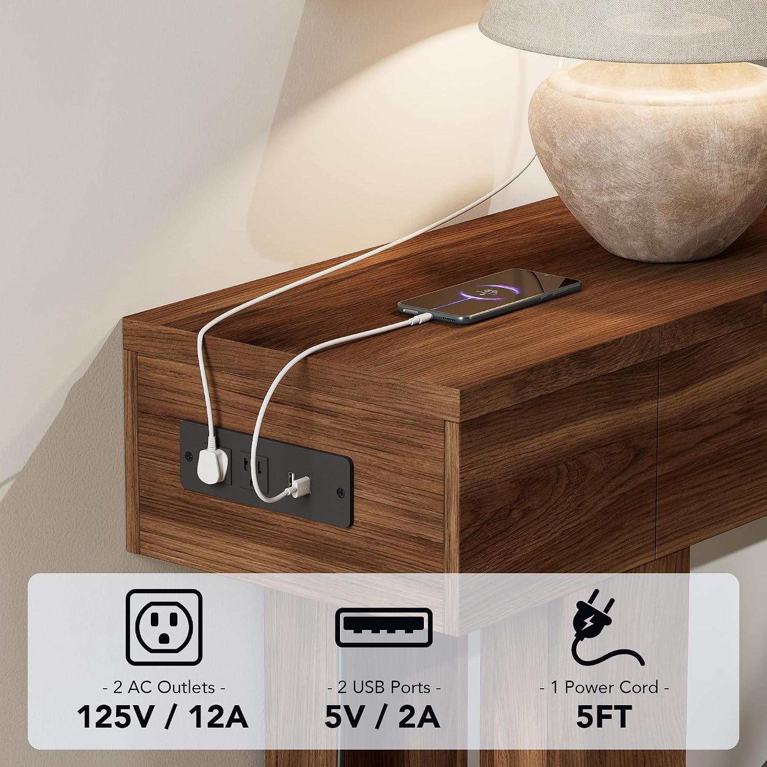 63 Inch Long Console Table w/Outlets & USB Ports, Narrow Rectangular Sofa Table Behind The Couch, Farmhouse Entryway Table for Entrance, Hallway, Living Room(Brown with Outlet)