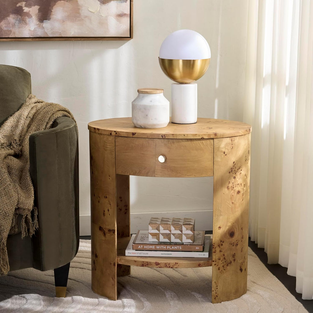 SAFAVIEH Home Collection - Philippe Natural Brown Oval Top Accent Table, 1 Drawer 1 Shelf Side Table, Burl Wood Look, Fully Assembled (ACC6612A)