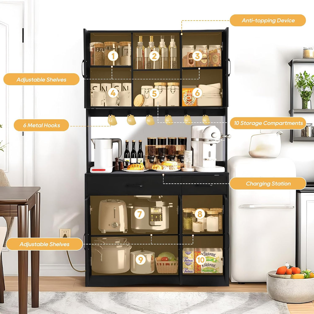 Grepatio 71" Kitchen Pantry Cabinet, Pantry Cabinet with Charging Station, Storage Cabinets with Door, Adjustable Shelves and Hooks, Farmhouse Kitchen Hutch for Dining Room, Living Room (Black)