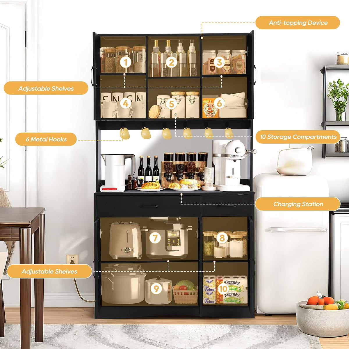 Grepatio 71" Kitchen Pantry Cabinet, Pantry Cabinet with Charging Station, Storage Cabinets with Door, Adjustable Shelves and Hooks, Farmhouse Kitchen Hutch for Dining Room, Living Room (Black)
