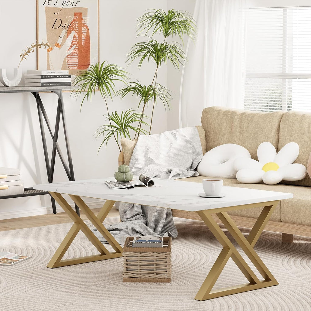 Wolawu Coffee Table Living Room Table White Center Table, Modern Faux Marble Rectangular Tea Tables with Sturdy Gold Metal Frame,Industrial Wooden Coffee Table for Bedroom Home Office