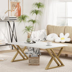 Wolawu Coffee Table Living Room Table White Center Table, Modern Faux Marble Rectangular Tea Tables with Sturdy Gold Metal Frame,Industrial Wooden Coffee Table for Bedroom Home Office