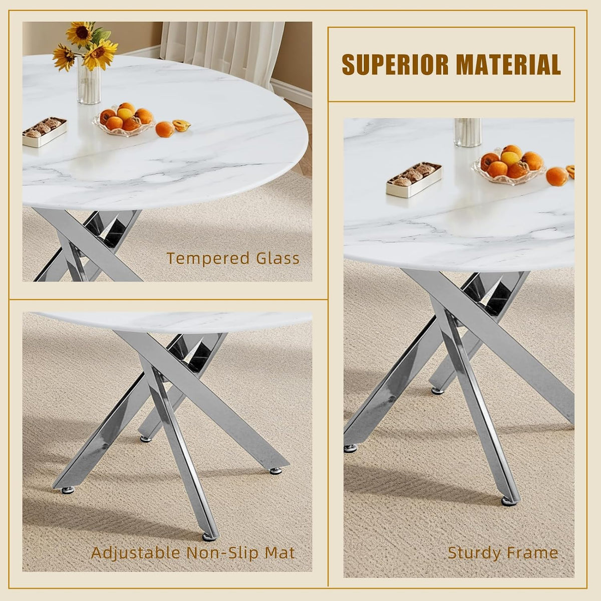 Knocbel 35.43" Dining Table for 4, Round Coffee Table with Granite Top and Metal Cross Legs, Modern Circle Dinner Kitchen Table for Apartment Home Office, Silver+Granite