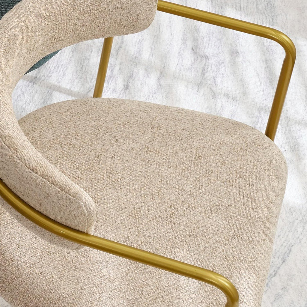 Boucle Dining Chairs Set of 4 with Arms, Mid Century Modern Upholstered Dining Chairs for Kitchen & Dining Room, Curved Backrest, Gold Metal Frame (Taupe/Sand)