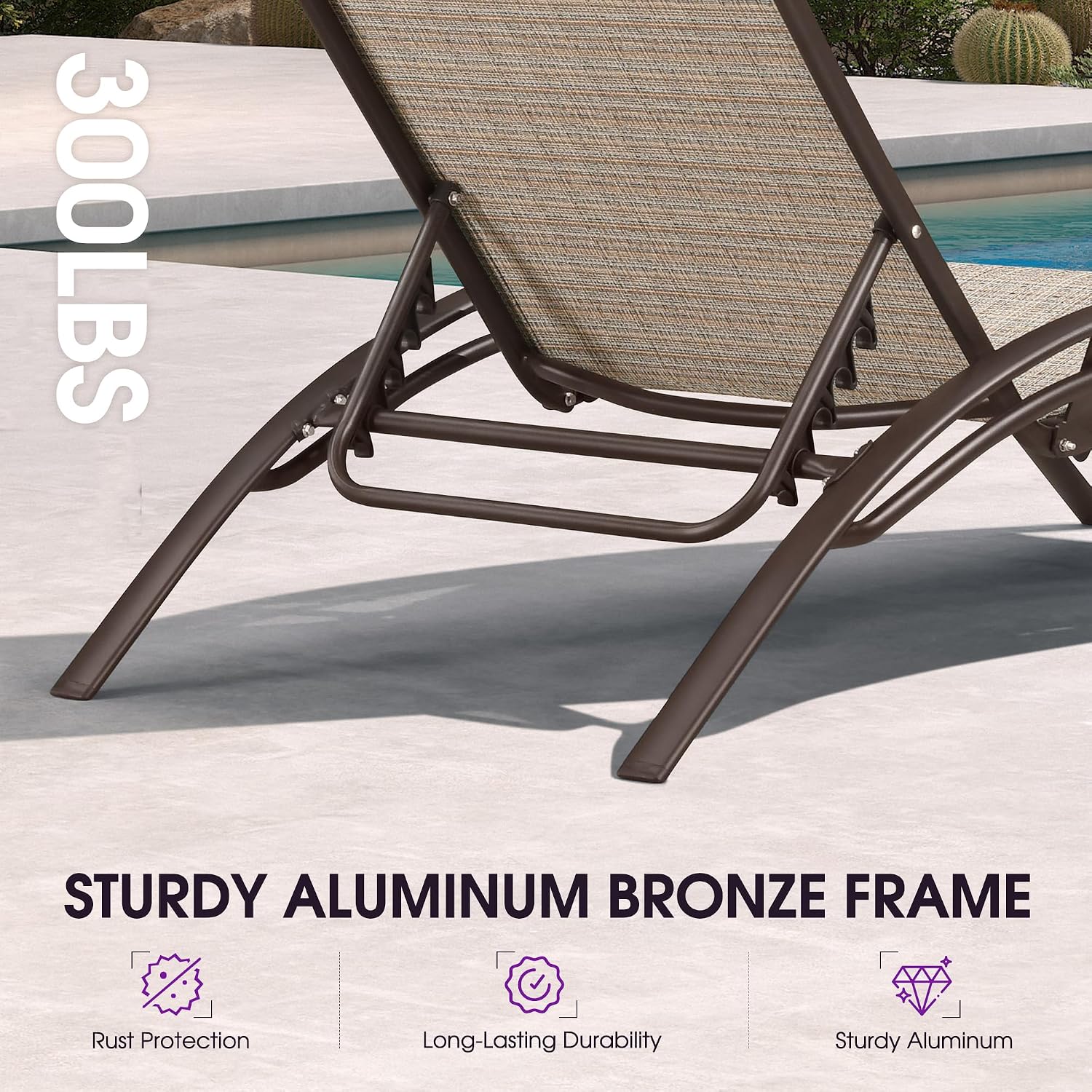 PURPLE LEAF Oversized Pool Chaise Lounge with Table Bronze Aluminum, Khaki | 2 Chaise + 1 Table, UV Textilene Fades Less, S-Curve Backrest with Arm, 5 Recline Angles, Adjustable Headrest, Stackable
