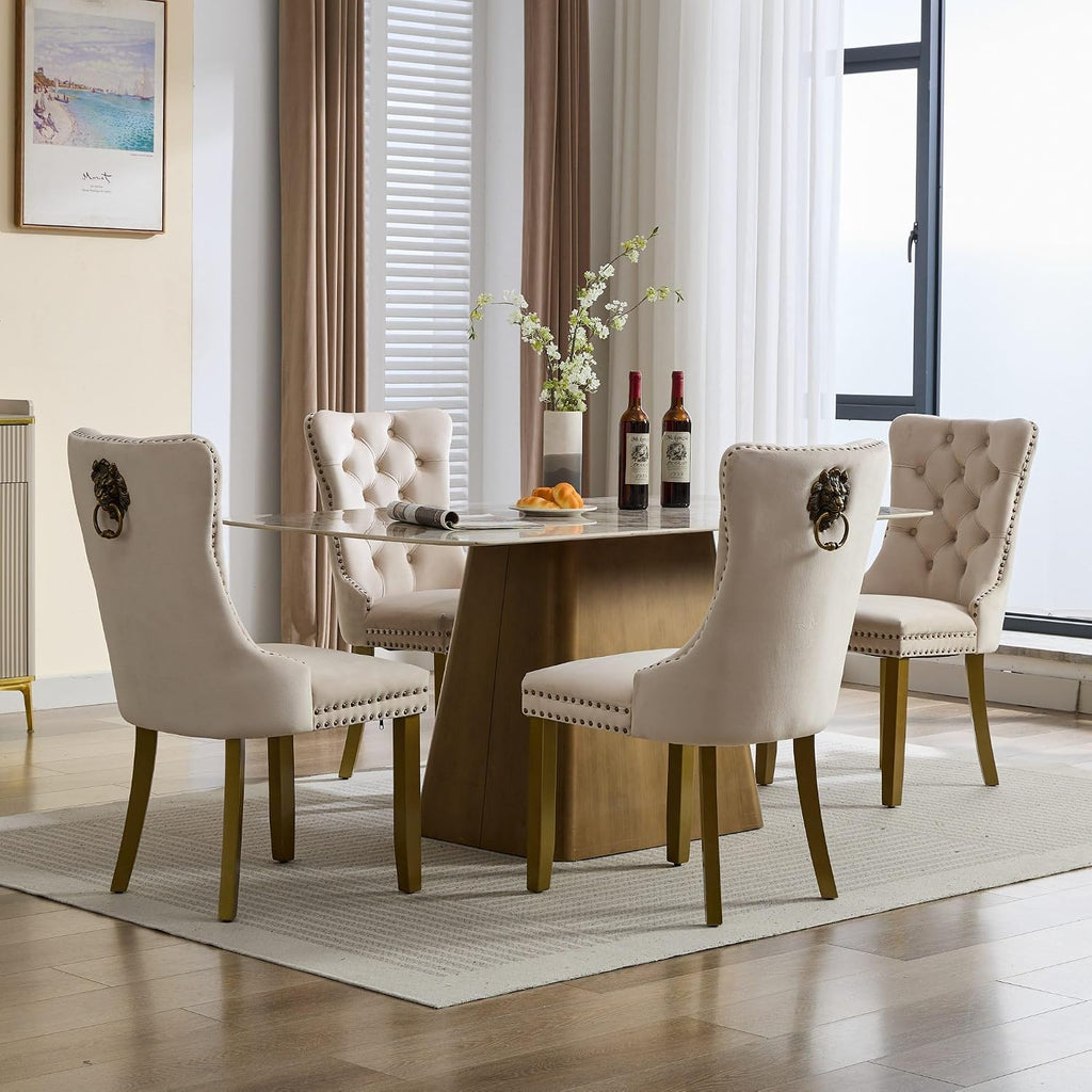 LKTART Dining Chairs Set of 6 Mid-Century Modern Chairs with Lion Head Pull Ring, Velvet Upholstered Dining Chair with Golden Wooden Legs Nailhead Trim for Kitchen Bedroom Dining Room (Beige)