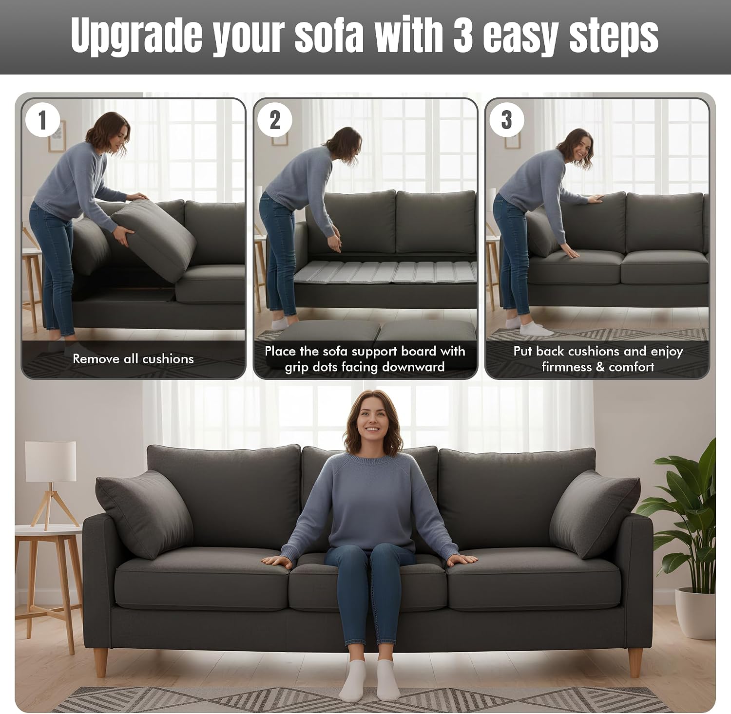 Heavy Duty Couch Cushion Support Board for Sagging Sofas, Foldable Plywood Under Cushion Support with Non-Slip Oxford Cloth Cover, Sofa Support for Sagging Cushions, Under Couch Board 15 (70 x 22 in)